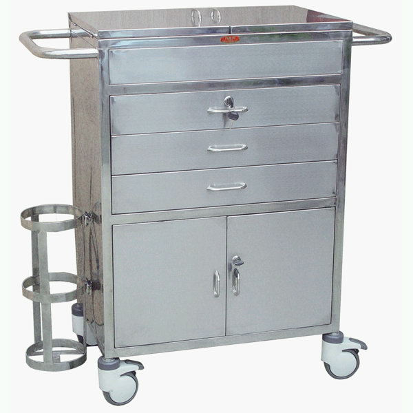 Stainless steel emergency trolley with oxygen tank shelf