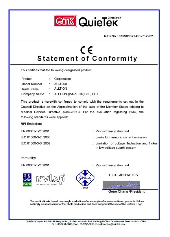 CE certificate for AC-1000 Colposcope