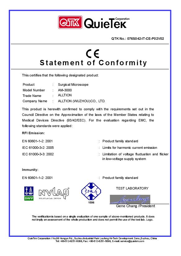 CE certificate for AM-3000  Surgical Microscope