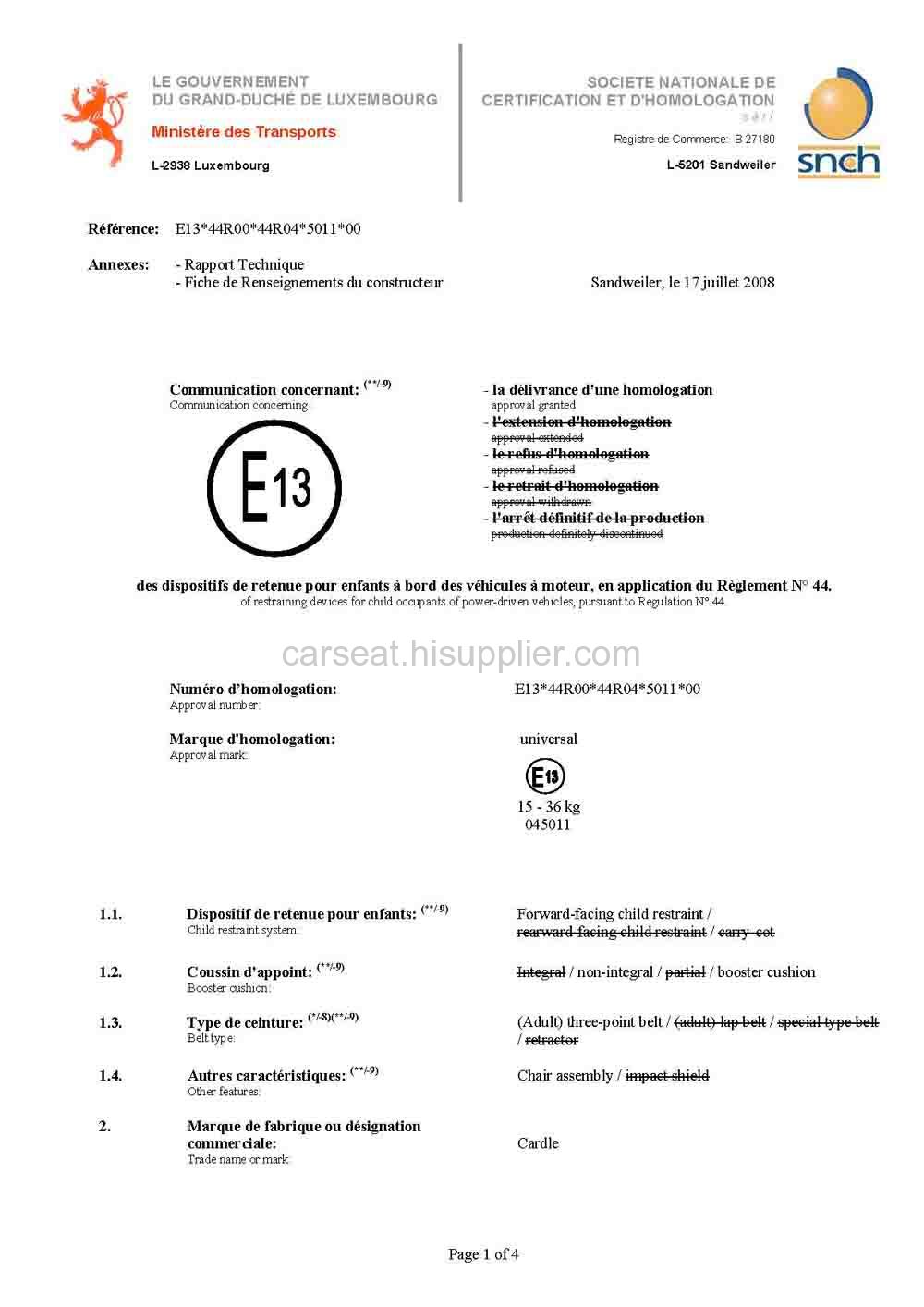 ECER44/04 European  certificate