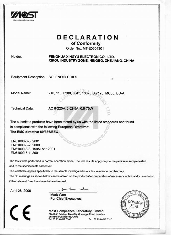 CE Certificate for solenoid coil