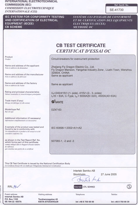 CB TEST CERTIFICATE