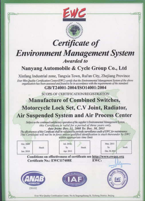 Certificate of Environment Management System