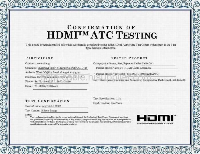 HDMI ATC TESTING CERTIFICATE 28AWG
