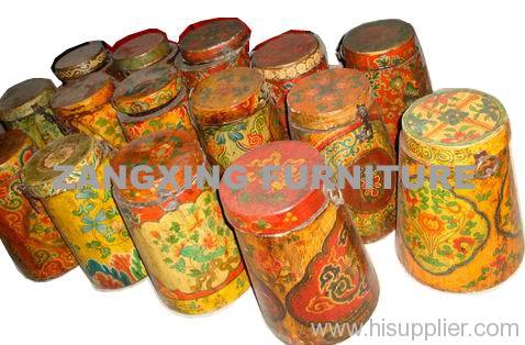 Painted tibetan wooden barrel