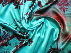 100% silk satin printed fabrics with floral and wave design
