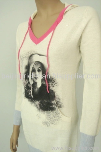 100% Cashmere printing hooded sweater