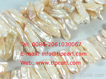 fine 7*20mm natural pink biwa freshwater pearl strand