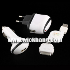 3 in 1 car+wall travel charger USB data cable for iphone 3G 3GS ipod