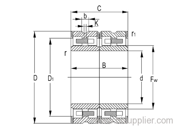 Low friction four row cylindrical roller bearing