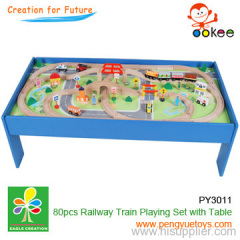 80 pcs wooden railway play toy set on the wooden table