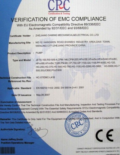 CE Certificates of our pumps