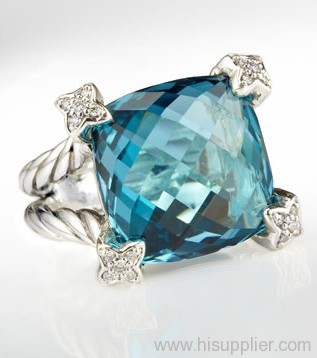 925 Silver inspired jewelry high quality imitation brand jewelry 15mm Blue Topaz Cushion on Point Ring