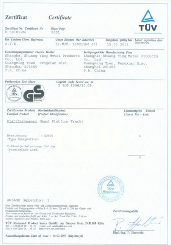 GS Certificate for 150kgs hand trucks