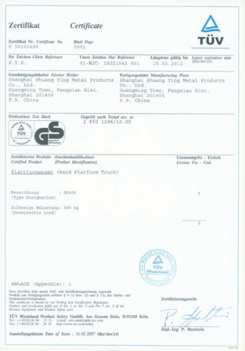 GS Certificate for 300kgs hand trucks