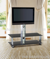 Black Glass and Silver Aluminum Tube LCD TV Stand
