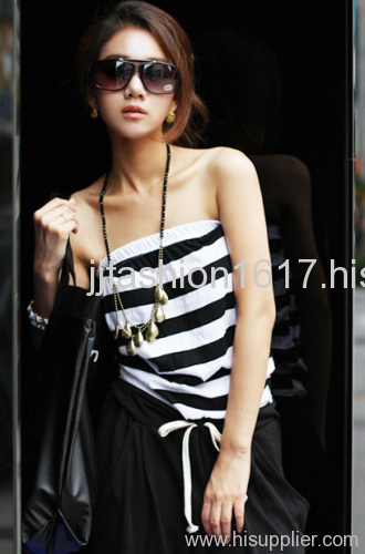 Black And White Stripes Fashion. JJ fashion Black and white stripe wipes bosom conjoined pants Products