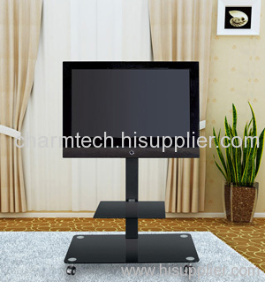 Black Tempered Glass TV Stand with Wheel