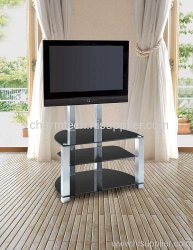 3 Black Tempered Glass Silver Tube Plasma TV Stand