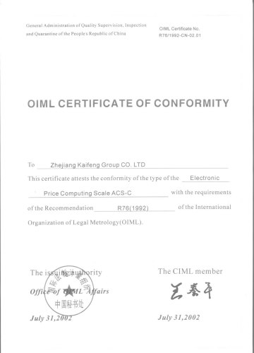 OIML Certificate for electronic price computing scales