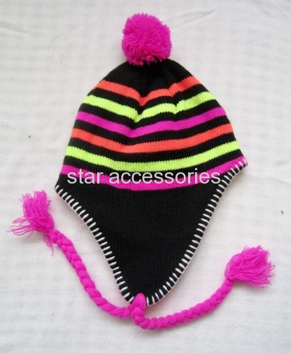 acrylic stripe knitted earflap hat