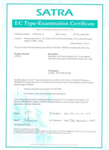 CE Certification of  steel karabiner 1859010