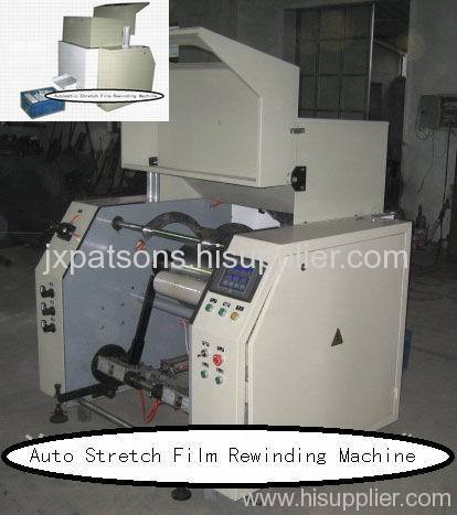 Stretching film roll rewinder machines