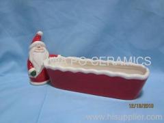 Red Ceramic Long Bread Plate in Santa Claus Design for Christmas