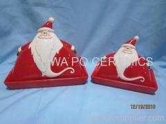 Red Ceramic Covered Plate in Santa Claus Design for Christmas