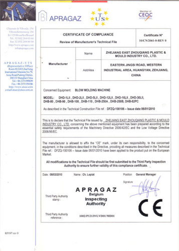 CE Certificate for Blow Molding Machine - B