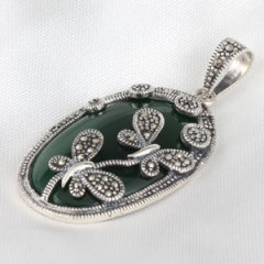 Thai Sterling Silver Agate Dragonfly Marcasite Pendant