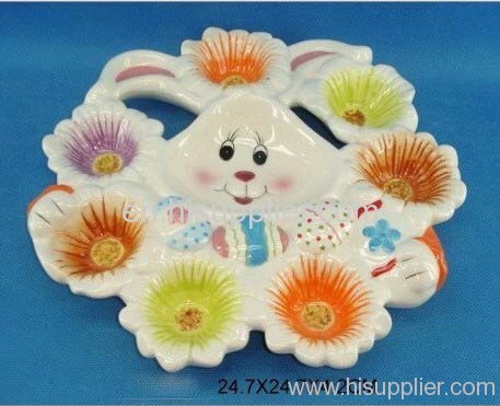 Ceramic rabbit egg plate for easter decoration