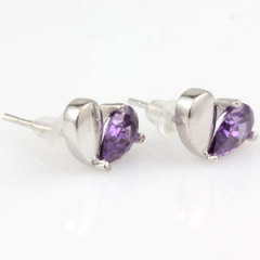 925 sterling silver Fashion Heart with purple CZ stud earrings