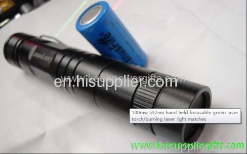 100mw 532nm hand held focusable green laser torch/burning laser light matches