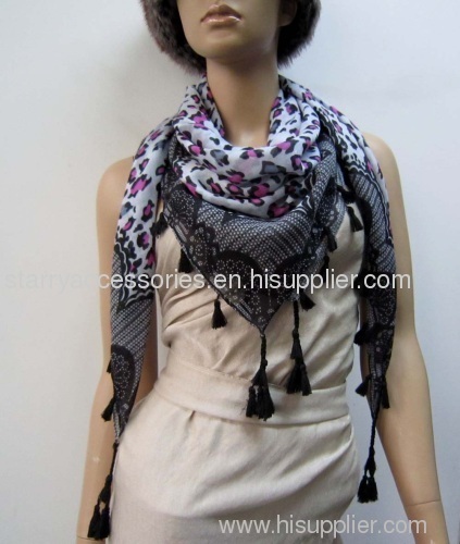 polyester woven square scarf with fringe