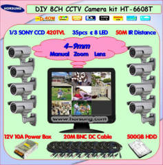 wholesale price 8ch 4-9mm Varifocal len Camera and LCD CCTV DVR System