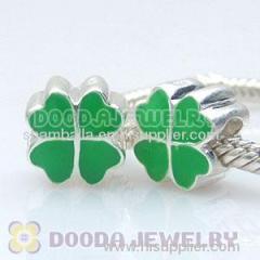european 925 Sterling Silver Enamel Green Four-leaf Clover Bead Jewelry