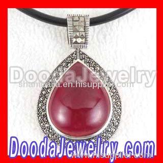 Thai Sterling Silver Marcasite Pendant inlay Teardrop Ruby Gemstone