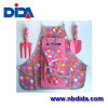 A3 steel garden tool and pink background and color polka dots gloves and Apron
