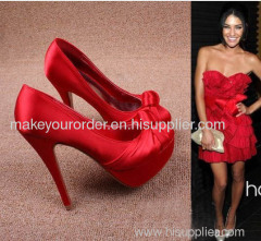bowknot silk face high heel red color wedding shoes