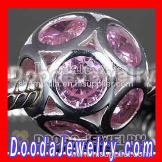 european Style Silver Disco Ball Beads with Pink CZ Stone