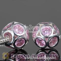 european Style Silver Disco Ball Beads with Pink CZ Stone