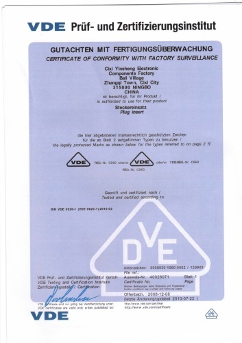 VDE certification for hollow schuko plug