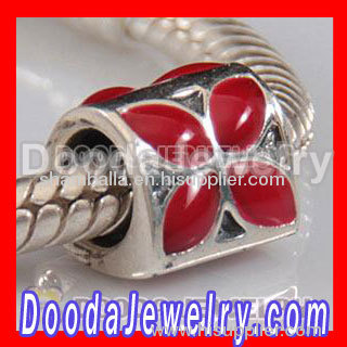 925 Sterling Silver Jewelry 4 Petal Flower Bead with Red Enamel