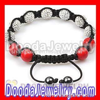 Cheap shamballa chain bracelet with red coral bead and pave crystal bead
