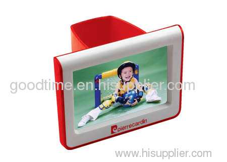 red photo frame pen holder