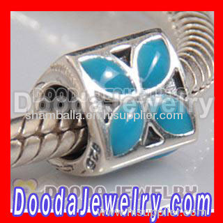 925 Sterling Silver Jewelry 4 Petal Flower Bead with Blue Enamel