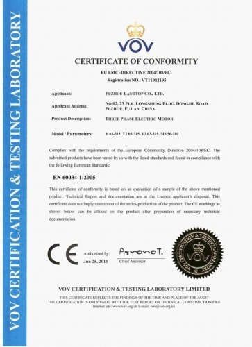CE Certificate of Three Phase Electric Motor
