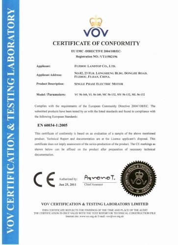 CE Certificate of Single Phase Electric Motor