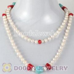 Fashion Freshwater Pearl Long Necklace with Turquoise and Coral